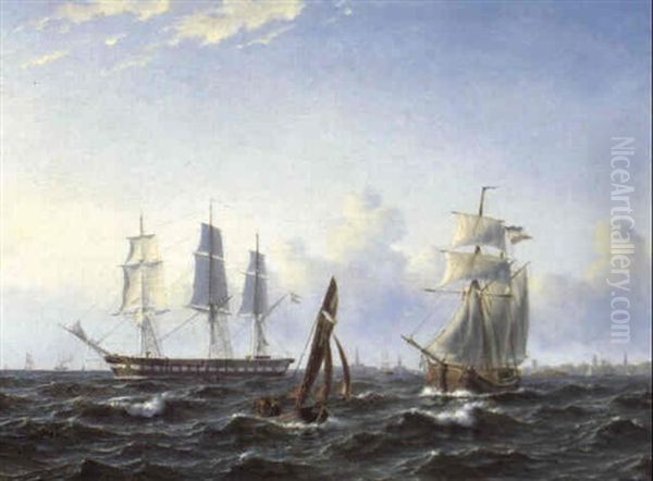 Dansk Linieskib Og Hollandske Sejlskibe Ud For Kobenhavn Oil Painting by Christian Frederic Eckardt