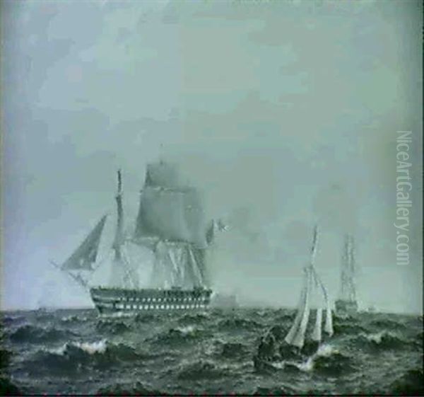 Marine Med Sejlskibe Ud For O Med Forsvarsvaerk Og Molle Oil Painting by Christian Frederic Eckardt