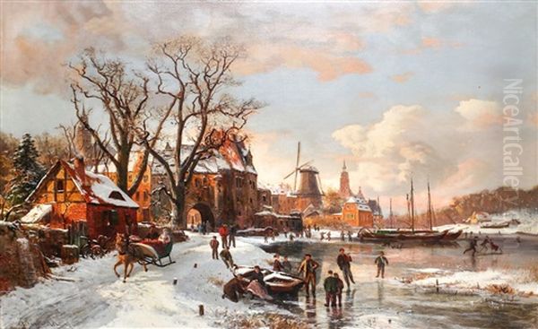 Dutch Frozen River Landscape Oil Painting by Karl Paul Themistocles von Eckenbrecher