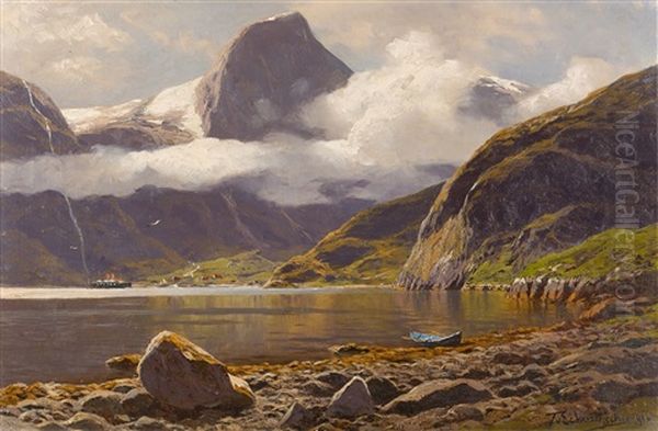 Blick Auf Das Gebirge Bei Styvi Am Naeroyfjord In Norwegen Oil Painting by Karl Paul Themistocles von Eckenbrecher