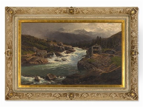 Norwegian Waterfall Oil Painting by Karl Paul Themistocles von Eckenbrecher