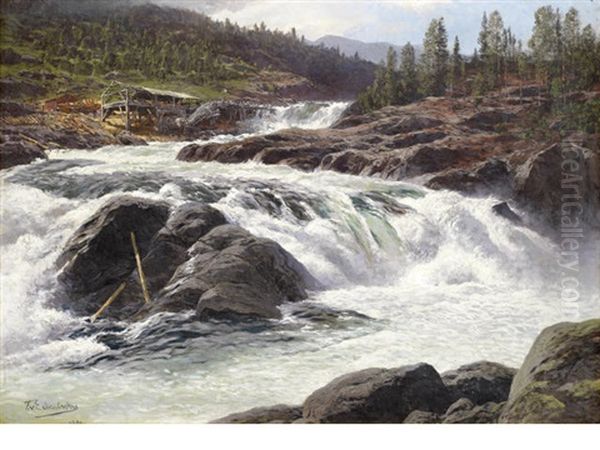 Waterfalls In A Nordic Landscape Oil Painting by Karl Paul Themistocles von Eckenbrecher