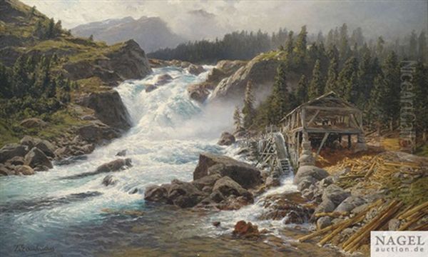 Norwegischer Wasserfall. Muhle An Reisendem Fluss Oil Painting by Karl Paul Themistocles von Eckenbrecher