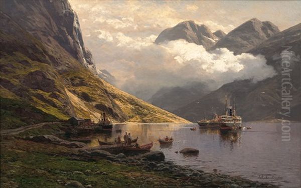 Packet Ships In A Fjord Oil Painting by Karl Paul Themistocles von Eckenbrecher