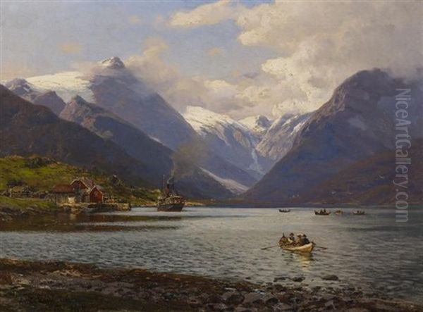 Am Fjaerlansfjord Bei Mundal. Touristen In Ihren Booten Auf Dem Wasser Oil Painting by Karl Paul Themistocles von Eckenbrecher