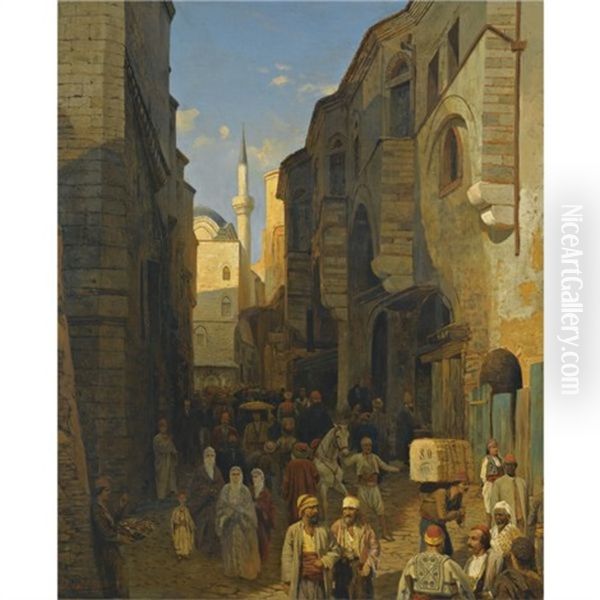 A Busy Street In Tangiers Oil Painting by Karl Paul Themistocles von Eckenbrecher