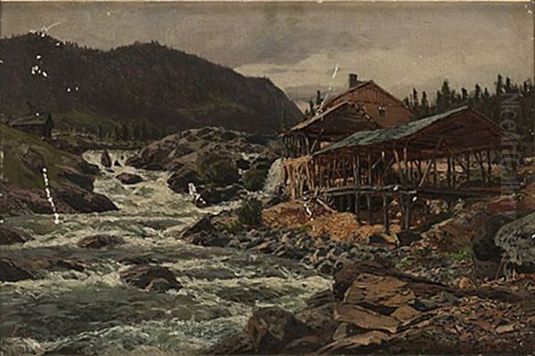 Saegemuhle Bei Fagernaes In Valders (norwegen) Oil Painting by Karl Paul Themistocles von Eckenbrecher