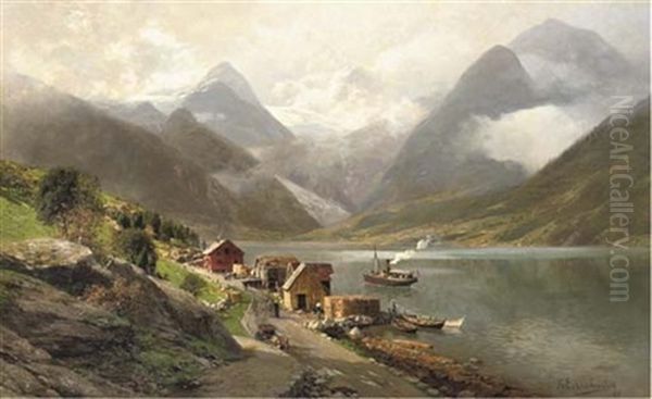 Am Fjerlands-fjord - A Village By A Fjord Oil Painting by Karl Paul Themistocles von Eckenbrecher