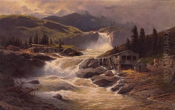 Norwegischer Wasserfall Mit Sagemuhlen Oil Painting by Karl Paul Themistocles von Eckenbrecher