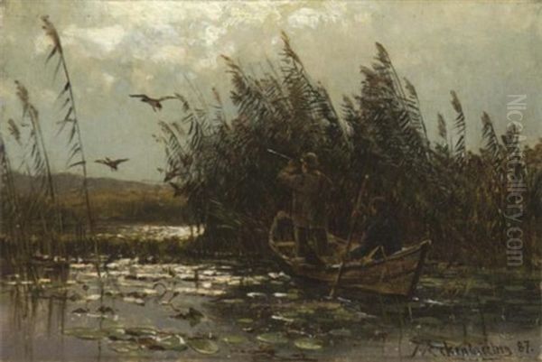 Entenjagd Im Schilf Oil Painting by Karl Paul Themistocles von Eckenbrecher