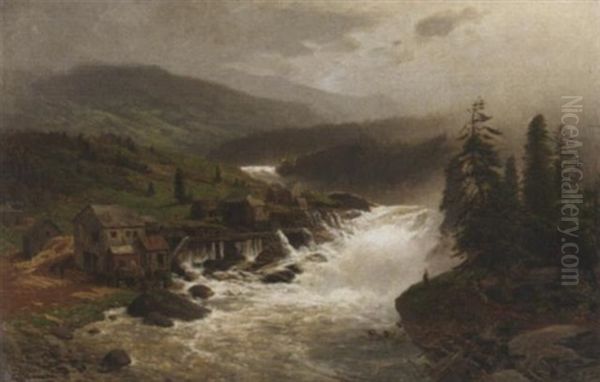 Tosender Wasserfall Im Norwegischen Hochland. Am Ufer Ein Sagewerk Oil Painting by Karl Paul Themistocles von Eckenbrecher