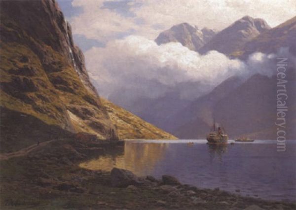 Am Naerofjord Bei Gudvangen. Norsk Fjordlandskab Med Damper Oil Painting by Karl Paul Themistocles von Eckenbrecher