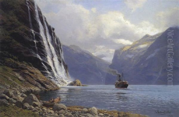 Die Sieben Schwestern Im Geiranger Fjord Oil Painting by Karl Paul Themistocles von Eckenbrecher