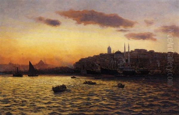 Boats Passing The Waterfront Of Karakoy Below The Galata Tower, Constantinople Oil Painting by Karl Paul Themistocles von Eckenbrecher