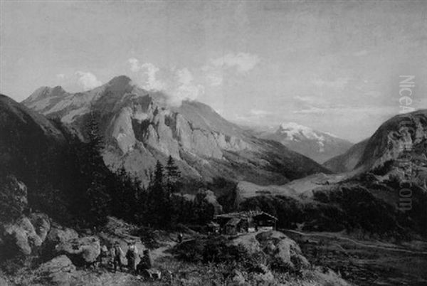 Schweizer Alpenlandschaft Mit Almhutte Und Wanderern Oil Painting by Karl Paul Themistocles von Eckenbrecher