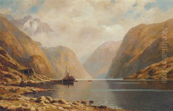 Boats On A Norwegian Fjord Oil Painting by Karl Paul Themistocles von Eckenbrecher