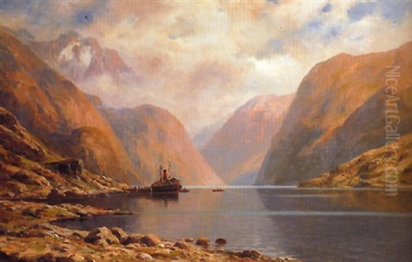 A Norwegian Fjord Oil Painting by Karl Paul Themistocles von Eckenbrecher