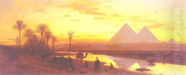 Halte De Chameliers Pres Des Marais Aux Abords Du Caire Oil Painting by Karl Paul Themistocles von Eckenbrecher