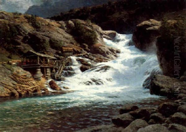 Worwegescher Waterfall Oil Painting by Karl Paul Themistocles von Eckenbrecher