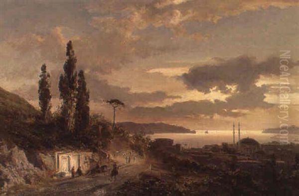 View Of Constantinople At Sunset, The Mosque Of Besiktas Beyond Oil Painting by Karl Paul Themistocles von Eckenbrecher