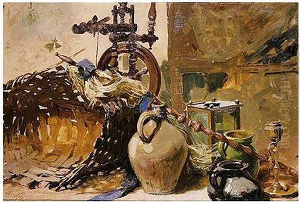 Bodegon Con Rueca, Cesto Ybotijo Oil Painting by Ricardo Arredondo Y Calmache