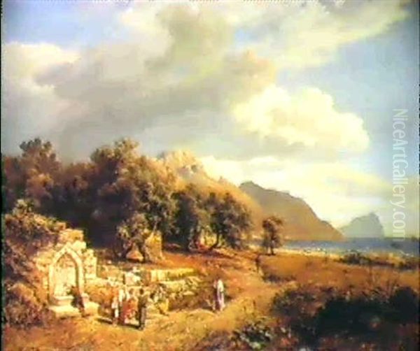 Figures By A Fountain In A Coastal Landscape Oil Painting by Karl Paul Themistocles von Eckenbrecher