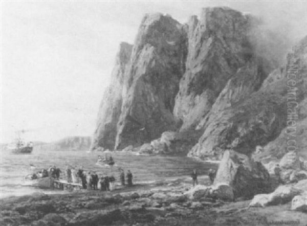 A Fjord Inlet With Passengers Coming Ashore From A Yacht Oil Painting by Karl Paul Themistocles von Eckenbrecher