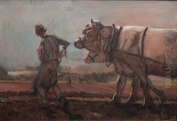 Ploughing Oxen Oil Painting by Alexander Eckener