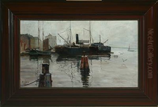 Scene From Flensburg Harbour Oil Painting by Alexander Eckener