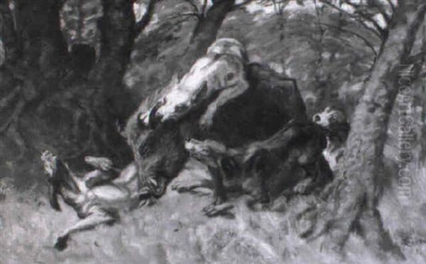 Hundemeute Stellt Ein Wildschwein Oil Painting by Alexander Eckener