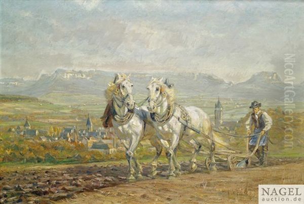 Zwei Schimmel Am Pflug Oil Painting by Friedrich Eckenfelder