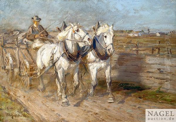 Zwei Schimmel Am Bauernwagen Oil Painting by Friedrich Eckenfelder