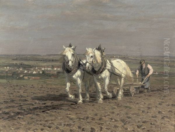 Pflugender Bauer Mit Schimmelgespann In Weiter Landschaft Oil Painting by Friedrich Eckenfelder