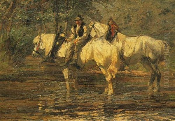 Zwei Schimmel Und Ein Bauer Bei Der Rast Im Dorfweiher Oil Painting by Friedrich Eckenfelder