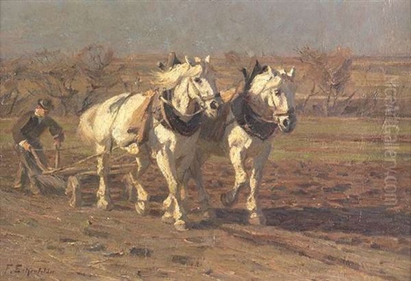 Zwei Schimmel Am Pflug Oil Painting by Friedrich Eckenfelder