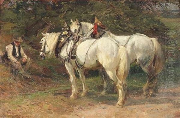 Zwei Schimmel Und Ein Bauer Bei Der Mittagsrast Oil Painting by Friedrich Eckenfelder