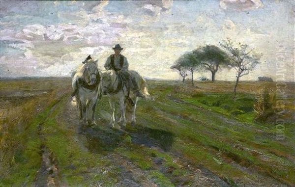 Reitender Bauer Mit Handpferd Auf Einem Feldweg Oil Painting by Friedrich Eckenfelder