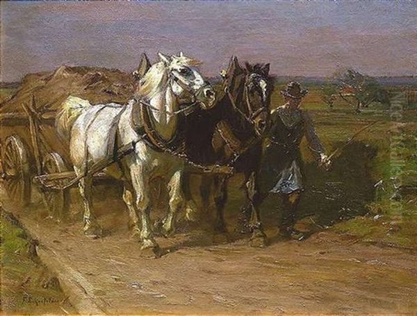 Pferdegespann Am Heuwagen, Vom Bauern Gefuhrt Oil Painting by Friedrich Eckenfelder