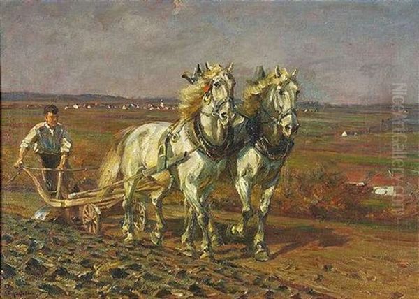 Zwei Pflugende Schimmel Oil Painting by Friedrich Eckenfelder