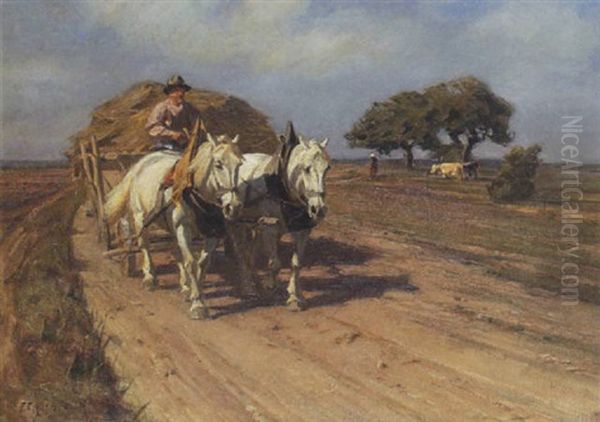 Bauer Mit Einem Heufuhrwerk Auf Der Landstrase Oil Painting by Friedrich Eckenfelder