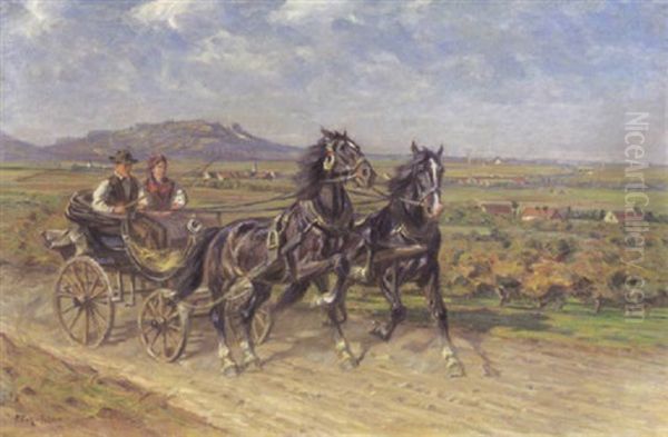 Zwei Rappen Mit Kutsche Oil Painting by Friedrich Eckenfelder