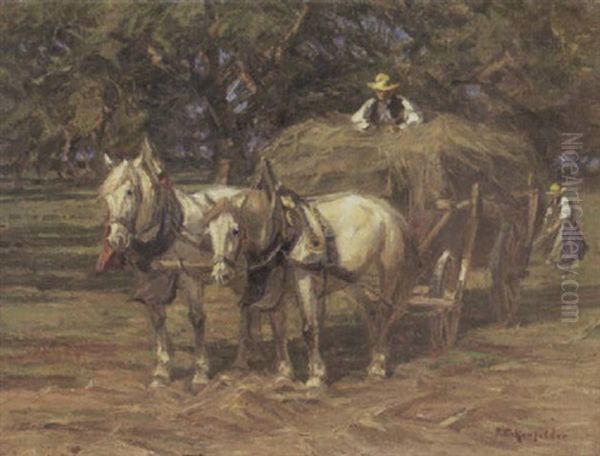 Bauern Beladen Einen Von Zwei Schimmeln Gezogenen Heuwagen Oil Painting by Friedrich Eckenfelder