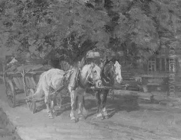 Pferdegespann Am Wagen Oil Painting by Friedrich Eckenfelder