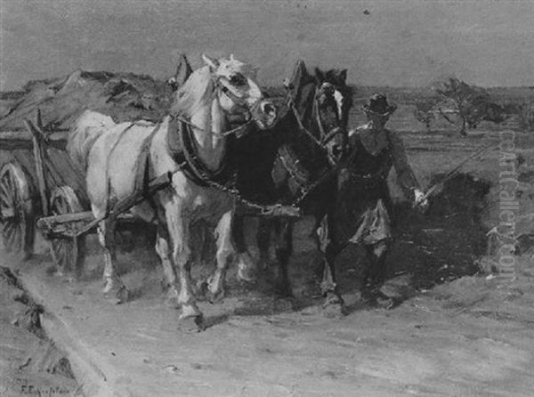 Zwei Pferde Vor Dem Wagen Oil Painting by Friedrich Eckenfelder