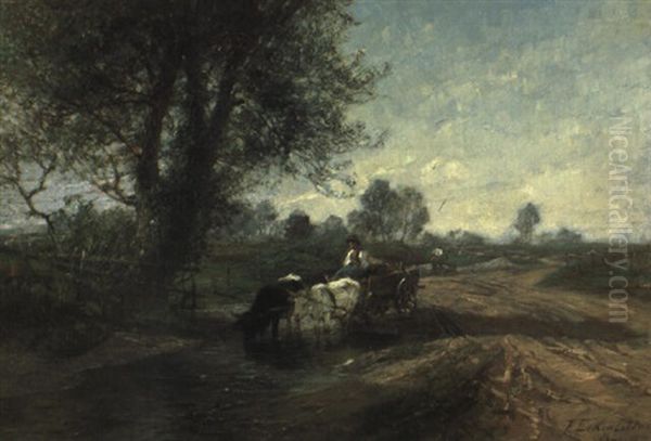 Ein Bauer Mit Seinem Ochsengespann Hat Eine Rast Eingelegt Oil Painting by Friedrich Eckenfelder