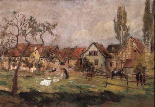 Blick Auf Ein Dorf Mit Pferdekoppel Oil Painting by Friedrich Eckenfelder