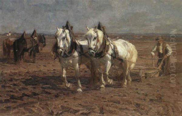 Fruhlingserwachen. Bauer Mit Schimmelgespann Beim Ersten    Pflugen Des Ackerbodens... Oil Painting by Friedrich Eckenfelder