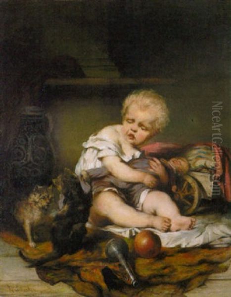 Die Kleine Puppenmutter Schutzt Ihre Puppe Vor Dem Angriff Der Beiden Katzen Oil Painting by Carl Eckerler