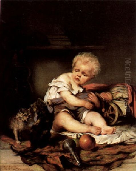 Blondes Kind Angstlich Seine Puppe Vor Zwei Spielenden Katzen Schutzend Oil Painting by Carl Eckerler