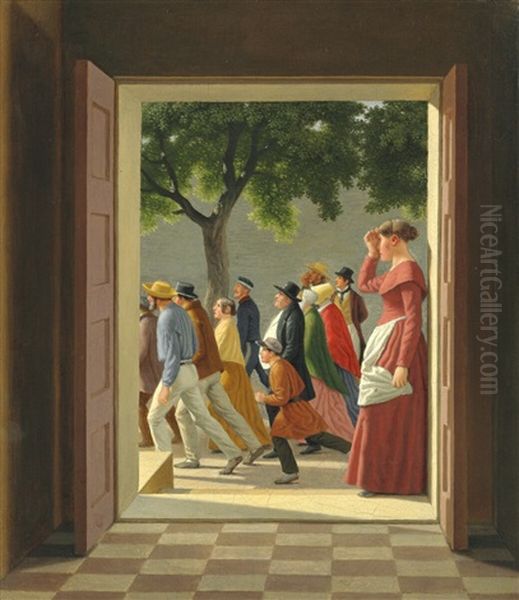 View Through A Door To Running Figures Oil Painting by Christoffer Wilhelm Eckersberg